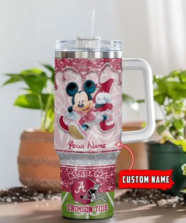 Alabama Crimson Tide Ncaa Mickey Mouse Glitter Custom Stanley Quencher 40Oz Stainless Steel Tumbler With Handle