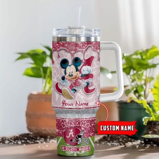 Alabama Crimson Tide Ncaa Mickey Mouse Glitter Custom Stanley Quencher 40Oz Stainless Steel Tumbler With Handle