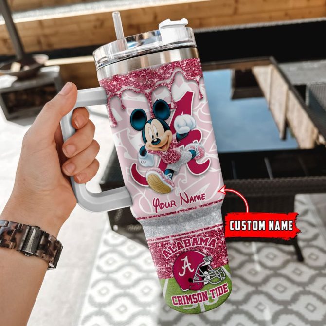 Alabama Crimson Tide Ncaa Mickey Mouse Glitter Custom Stanley Quencher 40Oz Stainless Steel Tumbler With Handle - Image 2