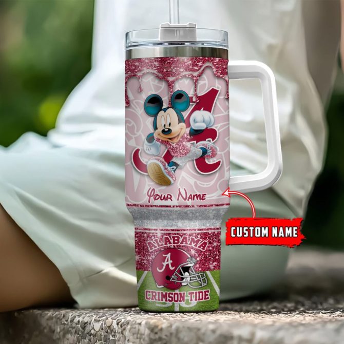 Alabama Crimson Tide Ncaa Mickey Mouse Glitter Custom Stanley Quencher 40Oz Stainless Steel Tumbler With Handle - Image 4