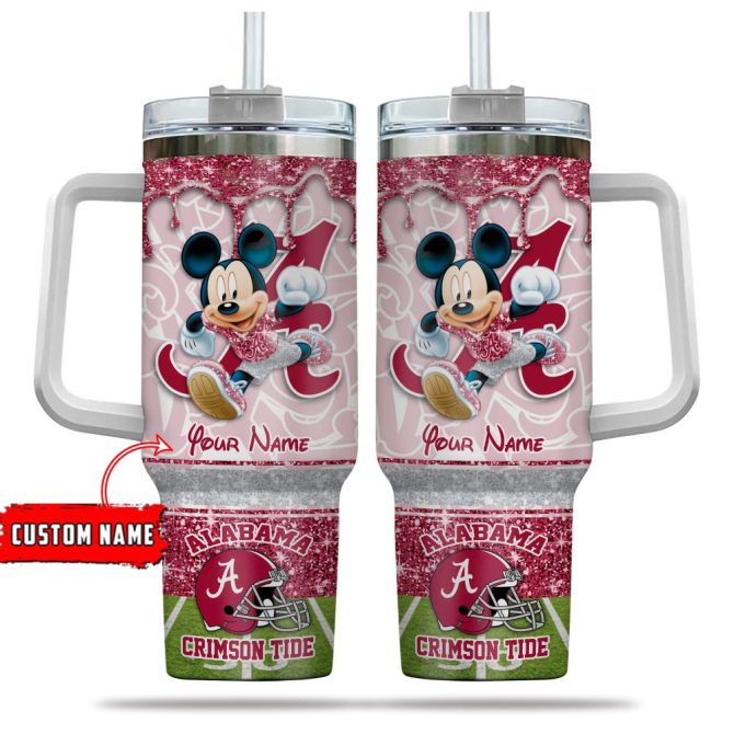 Alabama Crimson Tide Ncaa Mickey Mouse Glitter Custom Stanley Quencher 40Oz Stainless Steel Tumbler With Handle - Image 5