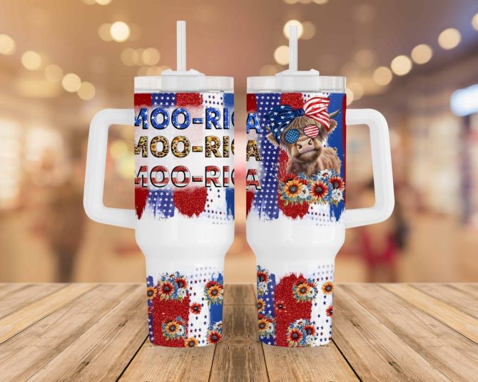 American Flag Highland Cow Custom Stanley Quencher 40Oz Stainless Steel Tumbler With Handle - Image 2