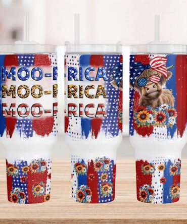 American Flag Highland Cow Custom Stanley Quencher 40Oz Stainless Steel Tumbler With Handle