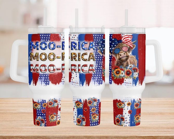 American Flag Highland Cow Custom Stanley Quencher 40Oz Stainless Steel Tumbler With Handle