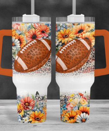 American Football Floral Leopard Print Custom Stanley Quencher 40Oz Stainless Steel Tumbler With Handle