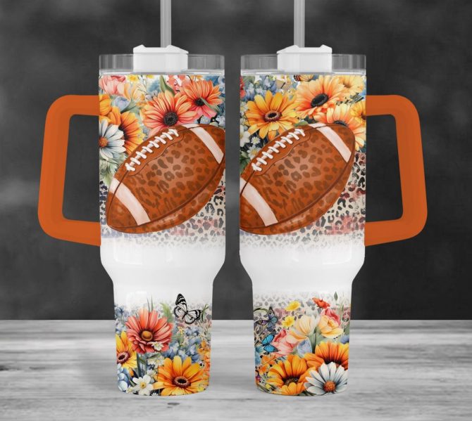 American Football Floral Leopard Print Custom Stanley Quencher 40Oz Stainless Steel Tumbler With Handle