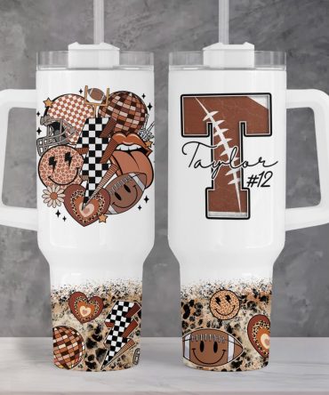 American Football Mom Retro Checkered Smiley Face Custom Stanley Quencher 40Oz Stainless Steel Tumbler With Handle