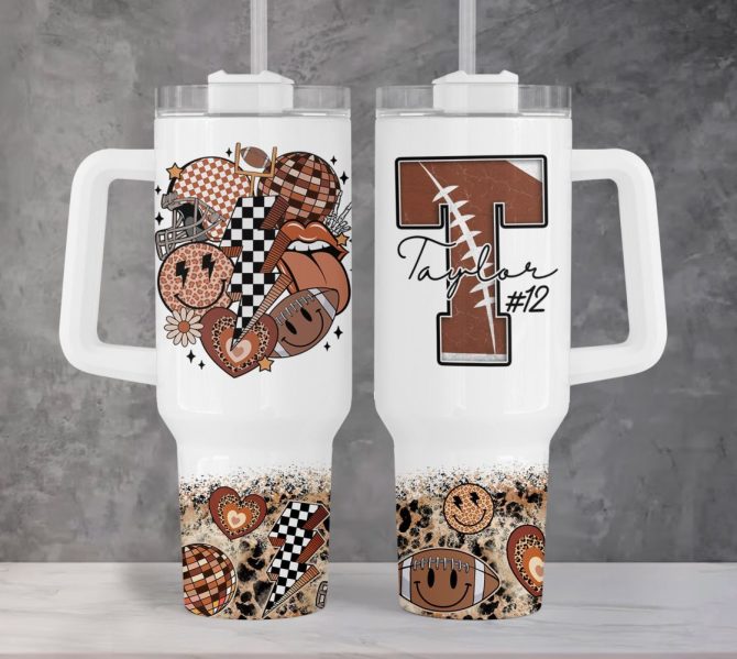 American Football Mom Retro Checkered Smiley Face Custom Stanley Quencher 40Oz Stainless Steel Tumbler With Handle