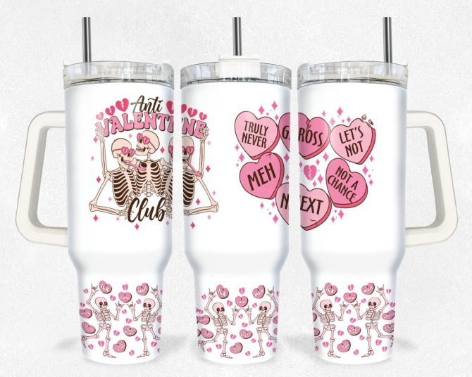 Anti Valentine Skellies And Hearts Custom Stanley Quencher 40Oz Stainless Steel Tumbler With Handle