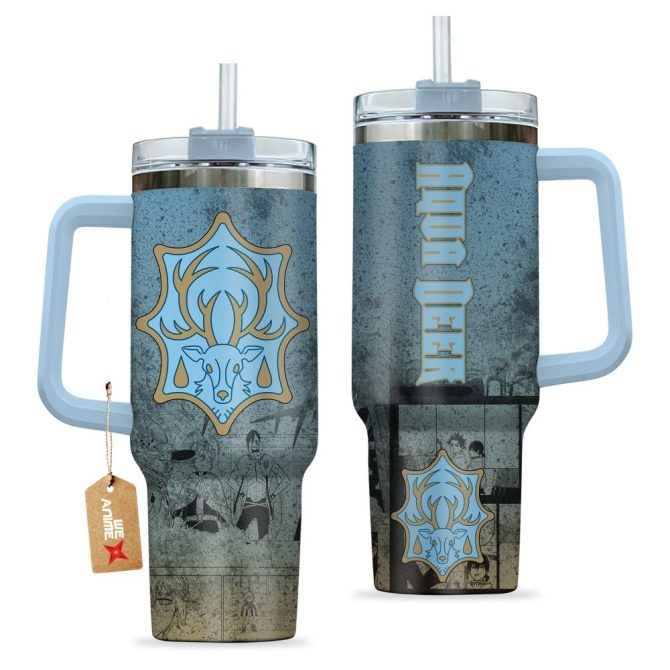 Aqua Deer Symbol Black Clover Anime Custom Stanley Quencher 40Oz Stainless Steel Tumbler With Handle