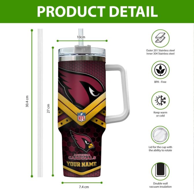 Arizona Cardinals Nfl Custom Stanley Quencher 40Oz Stainless Steel Tumbler With Handle - Image 2