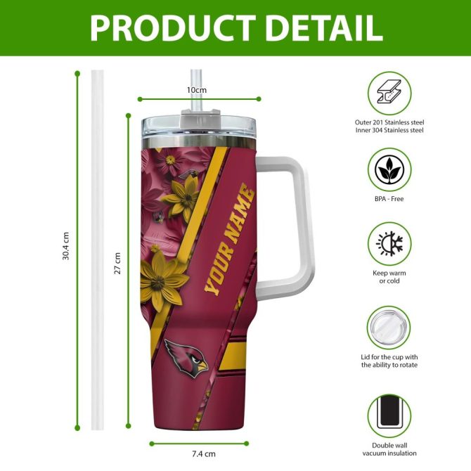 Arizona Cardinals Nfl Custom Stanley Quencher 40Oz Stainless Steel Tumbler With Handle - Image 2