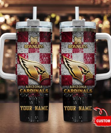 Arizona Cardinals Nfl Glitter Golden Logo Custom Stanley Quencher 40Oz Stainless Steel Tumbler With Handle