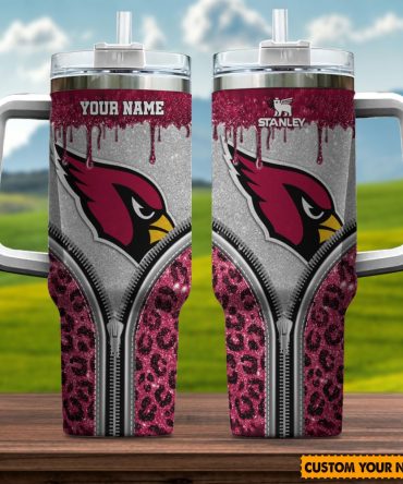 Arizona Cardinals Nfl Glitter Leopard Print Custom Stanley Quencher 40Oz Stainless Steel Tumbler With Handle