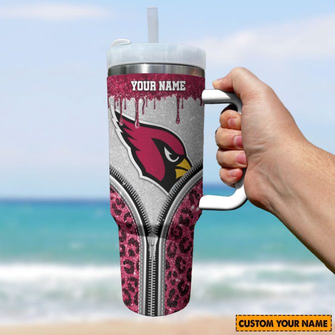Arizona Cardinals Nfl Glitter Leopard Print Custom Stanley Quencher 40Oz Stainless Steel Tumbler With Handle - Image 2