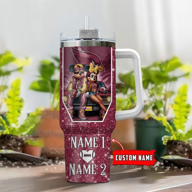 Arizona Cardinals Nfl Mickey And Minnie Couple Custom Stanley Quencher 40Oz Stainless Steel Tumbler With Handle - Image 2