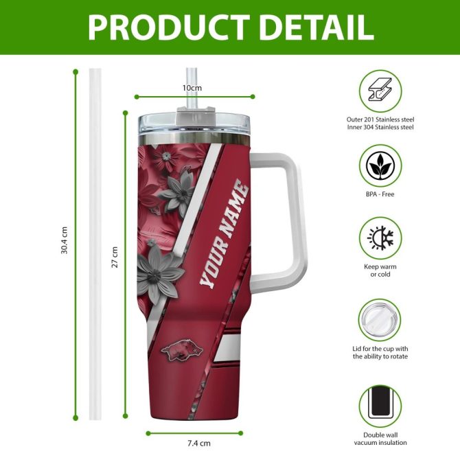 Arkansas Razorbacks Ncaa Custom Stanley Quencher 40Oz Stainless Steel Tumbler With Handle - Image 2
