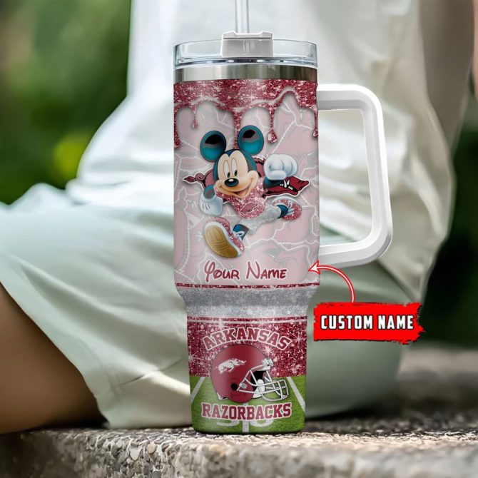 Arkansas Razorbacks Ncaa Mickey Mouse Glitter Custom Stanley Quencher 40Oz Stainless Steel Tumbler With Handle - Image 4