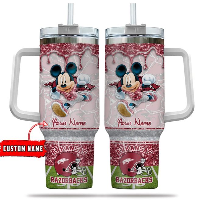 Arkansas Razorbacks Ncaa Mickey Mouse Glitter Custom Stanley Quencher 40Oz Stainless Steel Tumbler With Handle - Image 5