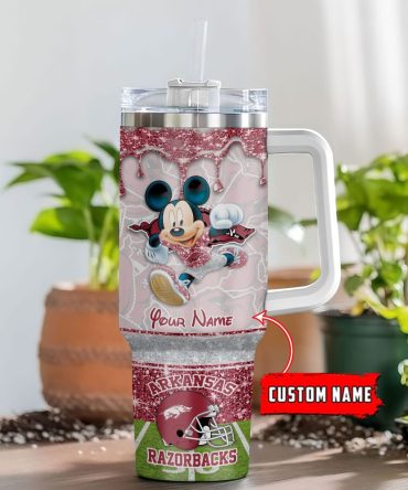 Arkansas Razorbacks Ncaa Mickey Mouse Glitter Custom Stanley Quencher 40Oz Stainless Steel Tumbler With Handle