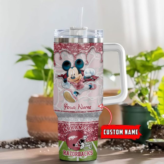 Arkansas Razorbacks Ncaa Mickey Mouse Glitter Custom Stanley Quencher 40Oz Stainless Steel Tumbler With Handle