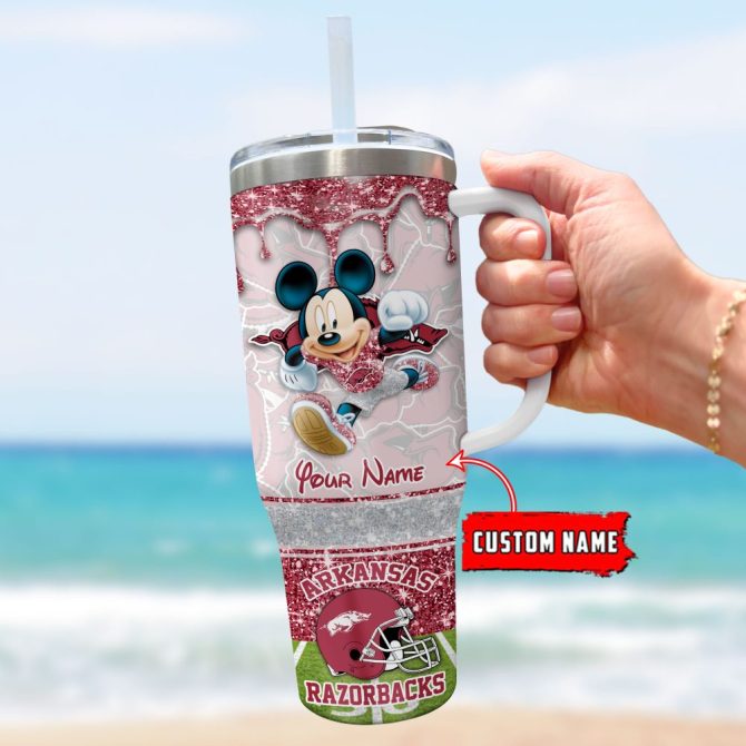 Arkansas Razorbacks Ncaa Mickey Mouse Glitter Custom Stanley Quencher 40Oz Stainless Steel Tumbler With Handle - Image 3