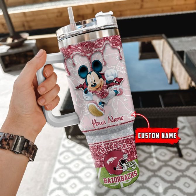 Arkansas Razorbacks Ncaa Mickey Mouse Glitter Custom Stanley Quencher 40Oz Stainless Steel Tumbler With Handle - Image 2