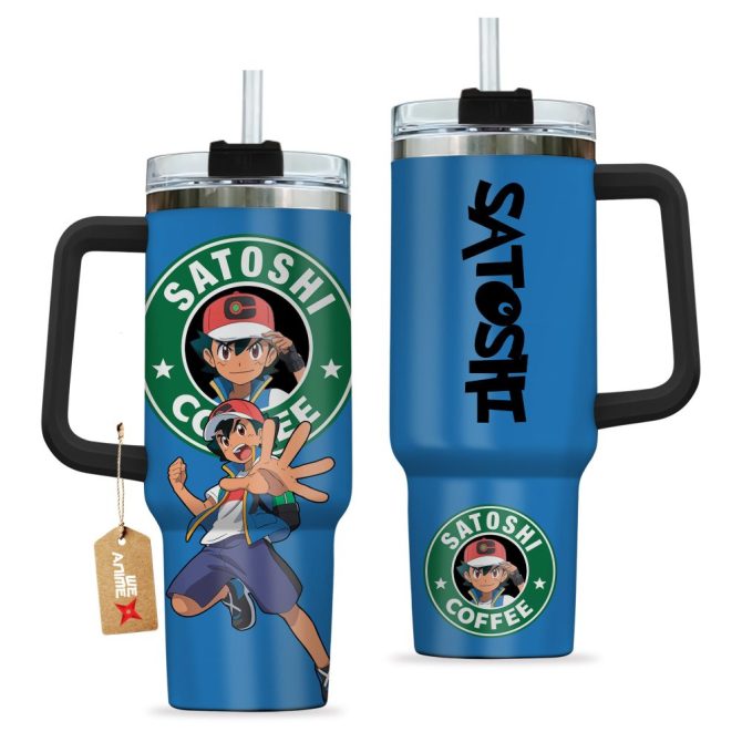 Ash Ketchum Satoshi Coffee Pokemon Anime Custom Stanley Quencher 40Oz Stainless Steel Tumbler With Handle - Image 2