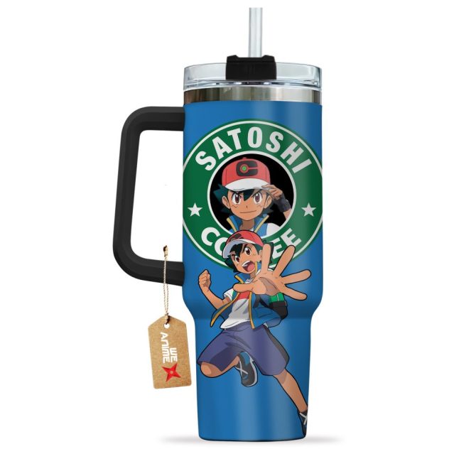 Ash Ketchum Satoshi Coffee Pokemon Anime Custom Stanley Quencher 40Oz Stainless Steel Tumbler With Handle - Image 4