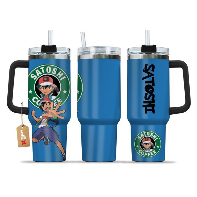 Ash Ketchum Satoshi Coffee Pokemon Anime Custom Stanley Quencher 40Oz Stainless Steel Tumbler With Handle
