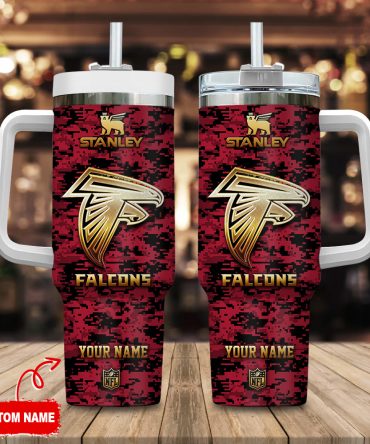Atlanta Falcons Nfl Camouflage Golden Logo Custom Stanley Quencher 40Oz Stainless Steel Tumbler With Handle