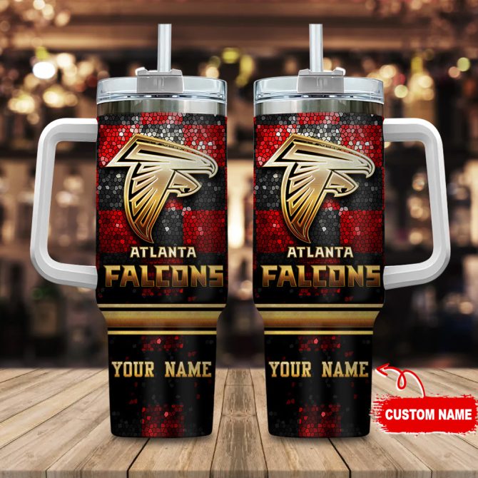 Atlanta Falcons Nfl Glitter Golden Logo Custom Stanley Quencher 40Oz Stainless Steel Tumbler With Handle