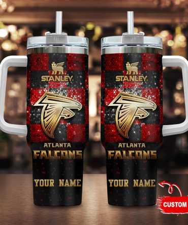 Atlanta Falcons Nfl Glitter Golden Logo Custom Stanley Quencher 40Oz Stainless Steel Tumbler With Handle