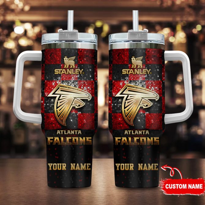 Atlanta Falcons Nfl Glitter Golden Logo Custom Stanley Quencher 40Oz Stainless Steel Tumbler With Handle