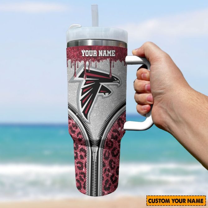 Atlanta Falcons Nfl Glitter Leopard Print Custom Stanley Quencher 40Oz Stainless Steel Tumbler With Handle - Image 2