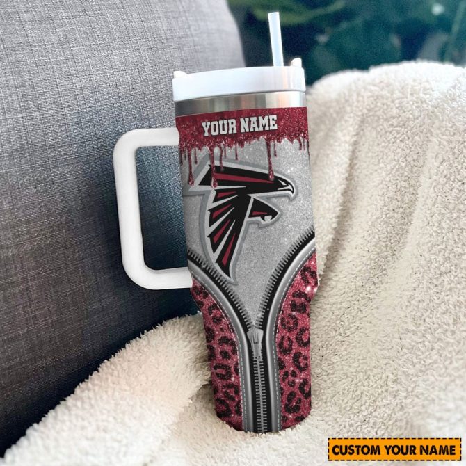Atlanta Falcons Nfl Glitter Leopard Print Custom Stanley Quencher 40Oz Stainless Steel Tumbler With Handle - Image 3