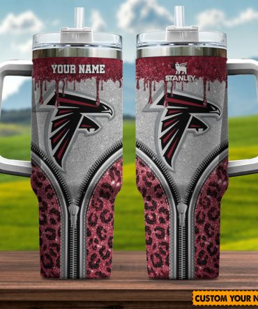 Atlanta Falcons Nfl Glitter Leopard Print Custom Stanley Quencher 40Oz Stainless Steel Tumbler With Handle