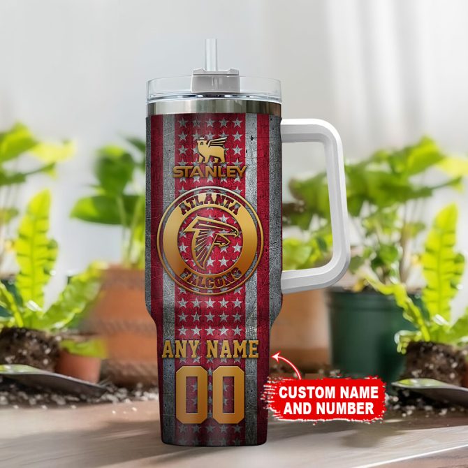Atlanta Falcons Nfl Golden Logos Us Flag Custom Stanley Quencher 40Oz Stainless Steel Tumbler With Handle - Image 2