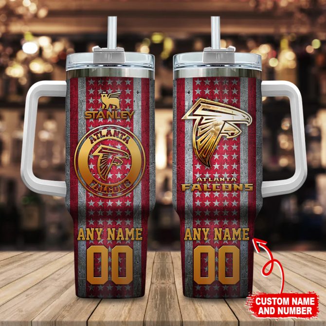 Atlanta Falcons Nfl Golden Logos Us Flag Custom Stanley Quencher 40Oz Stainless Steel Tumbler With Handle