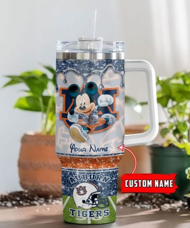 Auburn Tigers Ncaa Mickey Mouse Glitter Custom Stanley Quencher 40Oz Stainless Steel Tumbler With Handle