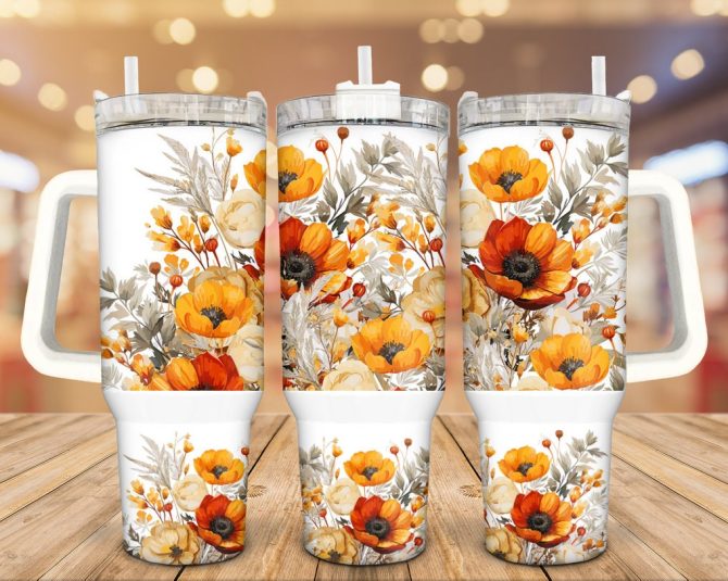 Autumn Flowers Custom Stanley Quencher 40Oz Stainless Steel Tumbler With Handle