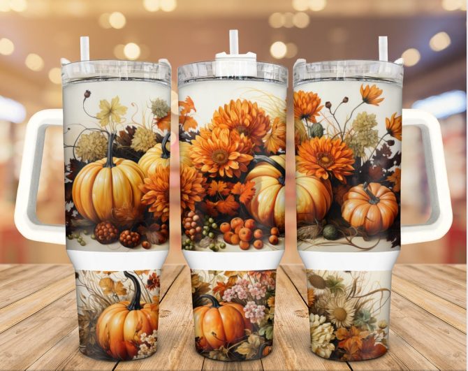 Autumn Pumpkins Custom Stanley Quencher 40Oz Stainless Steel Tumbler With Handle