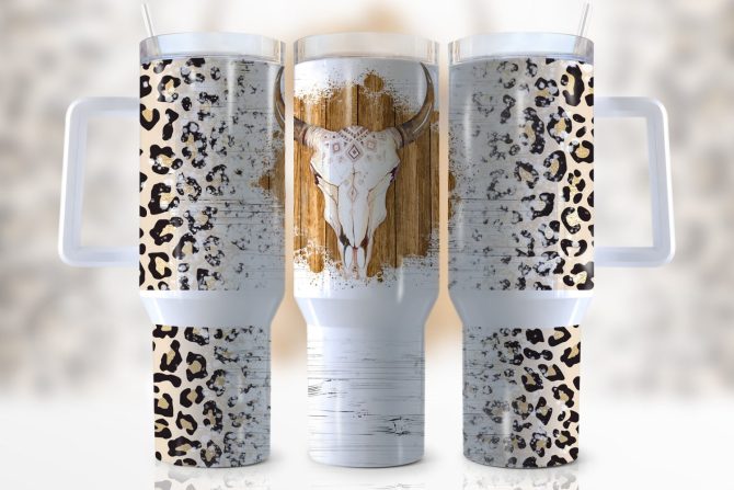 Aztec Cow Skull Custom Stanley Quencher 40Oz Stainless Steel Tumbler With Handle