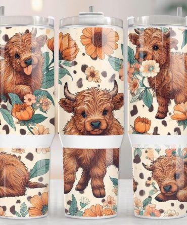 Baby Highland Cow Floral Custom Stanley Quencher 40Oz Stainless Steel Tumbler With Handle