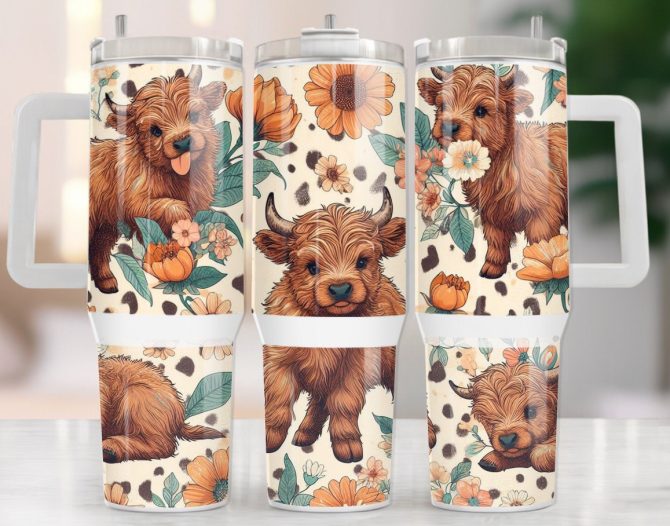 Baby Highland Cow Floral Custom Stanley Quencher 40Oz Stainless Steel Tumbler With Handle