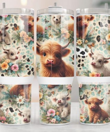 Baby Highland Cow Floral Custom Stanley Quencher 40Oz Stainless Steel Tumbler With Handle