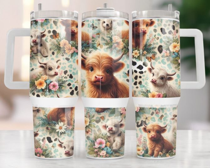 Baby Highland Cow Floral Custom Stanley Quencher 40Oz Stainless Steel Tumbler With Handle