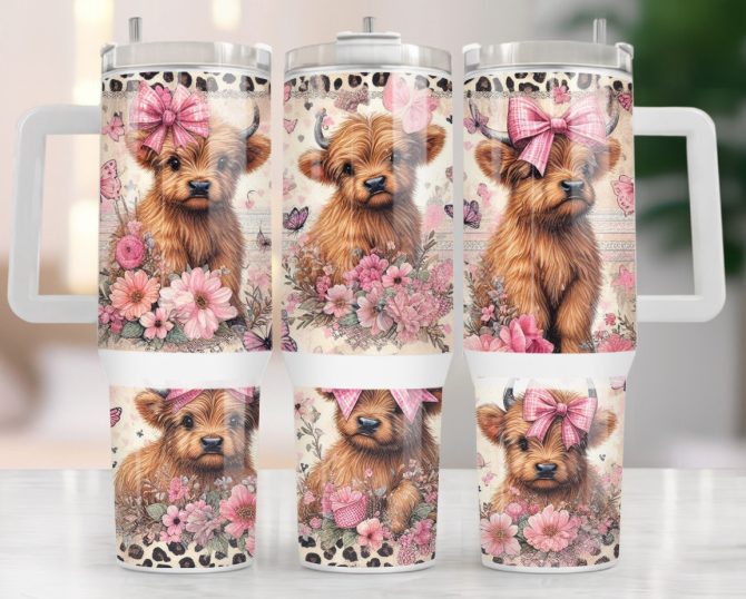 Baby Highland Cow Floral Custom Stanley Quencher 40Oz Stainless Steel Tumbler With Handle