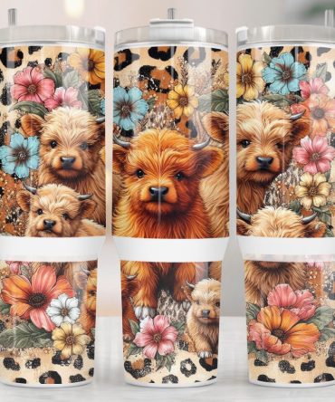 Baby Highland Cow Floral Leopard Print Custom Stanley Quencher 40Oz Stainless Steel Tumbler With Handle