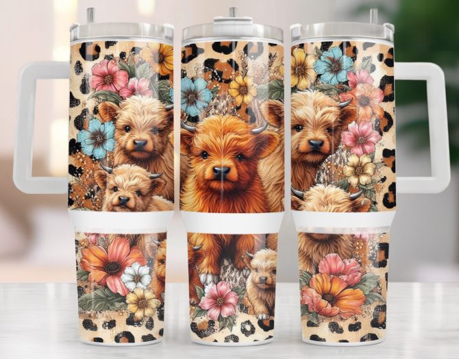 Baby Highland Cow Floral Leopard Print Custom Stanley Quencher 40Oz Stainless Steel Tumbler With Handle